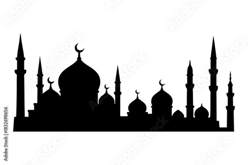 Majestic black silhouette illustration of an Islamic mosque skyline, with elegant domes and towering minarets, symbolizing spiritual devotion and rich cultural heritage