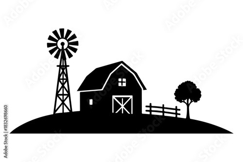 Classic farm scene silhouette with a traditional barn, windmill, and fence on a hill, representing rural American agriculture, farming life, and the countryside