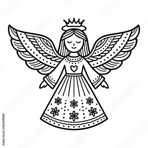 Delightful line art illustration of a peaceful angel with intricate wings and a crown, suitable for holiday themes, spiritual projects, or as a charming coloring page
