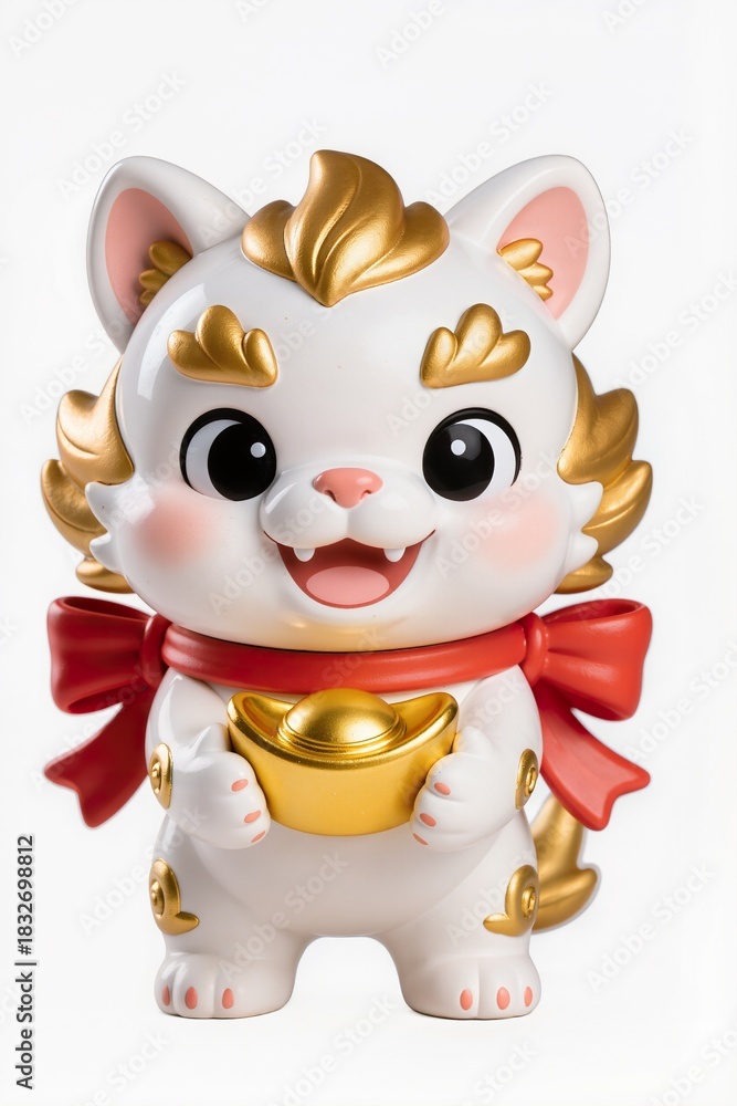 Naklejka premium Cute chibi Chinese lion guardian (Foo dog) with festive red ribbons, holding lucky coin, smiling expression, glossy collectible figurine style, isolated on white background
