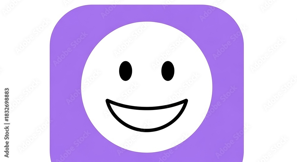 Fototapeta premium A simple icon featuring a happy face with a white circle for a face, black eyes and mouth, set inside a purple square