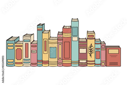 A vibrant collection of colorful, cartoon-style books lined up neatly on a shelf, evoking a sense of literature and learning