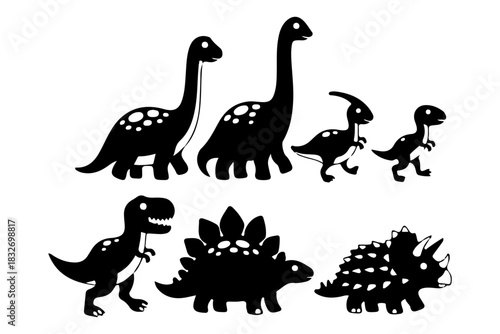 A charming collection of prehistoric dinosaur silhouettes in a simple monochrome vector style, featuring various species like T-Rex, Stegosaurus, and Brachiosaurus