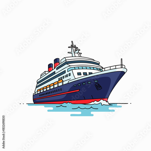 A charming, modern cruise ship illustration glides smoothly through gentle blue waters, symbolizing luxurious travel and exciting vacation adventures.