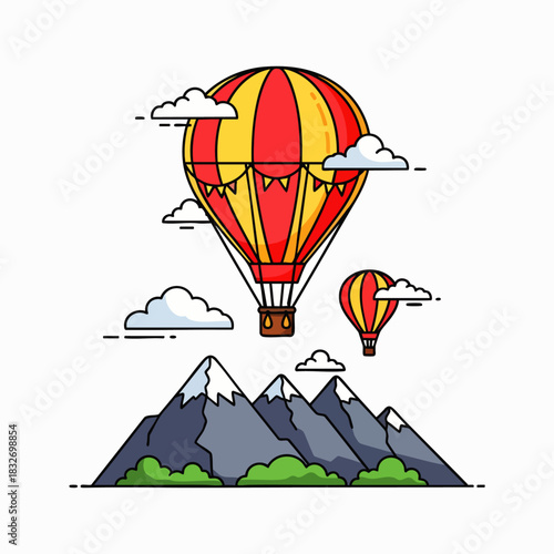 A vibrant hot air balloon soars gracefully above majestic snow-capped mountains, surrounded by fluffy clouds, illustrating adventure and travel.