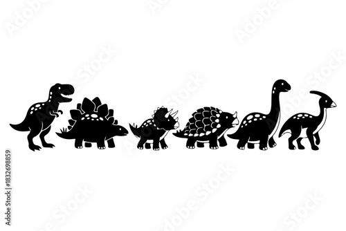 A charming graphic parade of various dinosaur silhouettes in a simple black and white design. This vector icon set features famous prehistoric creatures like T-Rex, Stegosaurus, and Brachiosaurus