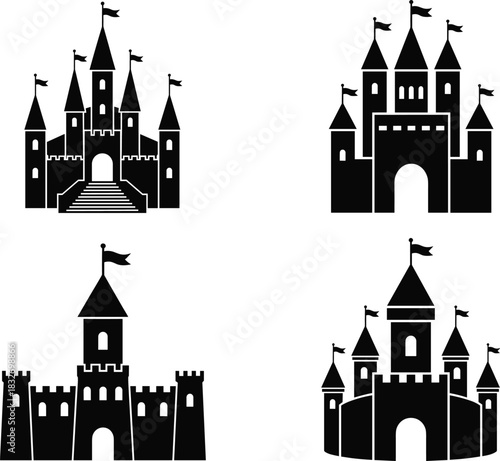 Medieval castle silhouette vector set featuring fortress towers, gates, battlements, and royal architectural designs for fantasy and historic themes