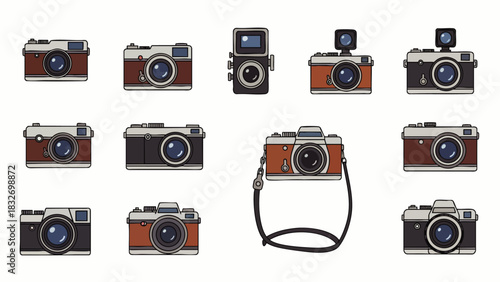 A charming collection of beautifully illustrated vintage film cameras, showcasing diverse retro designs and classic photographic equipment for creative projects.