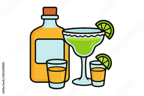 Isolated vector illustration of a tequila bottle, a margarita cocktail with salt and lime, and two shot glasses