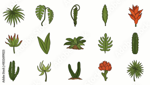 A vibrant collection of diverse botanical illustrations featuring an assortment of tropical leaves, desert succulents, and exotic plants arranged neatly.