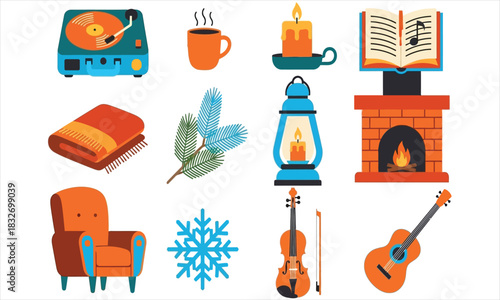 Cozy Winter Icons Vinyl Player, Coffee Mug, Candle, Fireplace, Blanket, Snowflake, Violin, Guitar, Cozy Decor