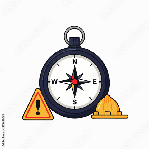 This vector illustration showcases a navigational compass, a warning sign, and a hard hat, symbolizing essential safety, direction, and careful planning for secure environments.