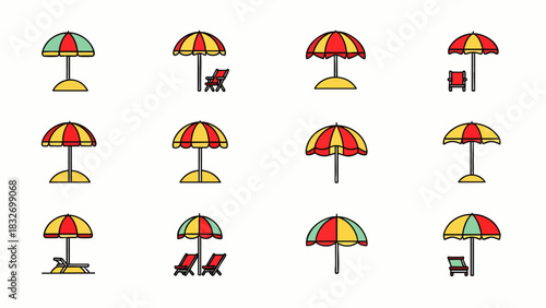 A vibrant collection of flat design beach umbrella icons, some paired with lounge chairs, perfect for summer vacation and travel-related graphic design projects.