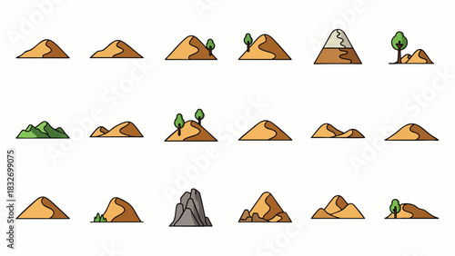 A charming collection of stylized vector illustrations depicting diverse natural landforms, featuring rolling hills, sandy dunes, and majestic mountains.