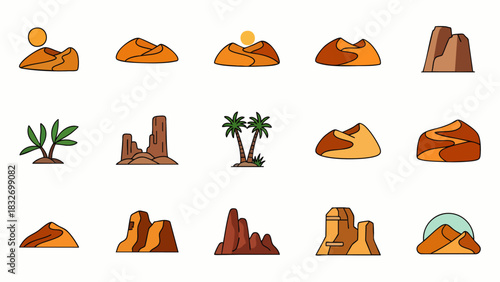 A vibrant collection of flat design desert landscapes, showcasing sandy dunes, majestic mountains, rugged rock formations, and iconic palm trees under a warm sun.