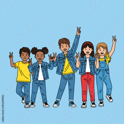 Smiling Multi-Ethnic Children in Jeans Clothes Showing Peace Gesture, Friendship & Unity Concept