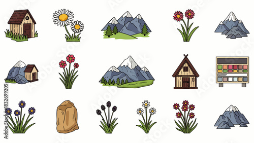 This charming collection features hand-drawn rustic cabins, majestic mountains, and diverse flora, perfect for nature-themed graphic design and illustrations.