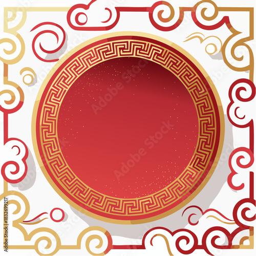 A vibrant, ornate circular design with a red center and gold decorative elements.