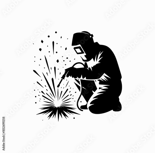 Minimal Welder Silhouette with Protective Helmet and Sparks – Industrial Vector Art