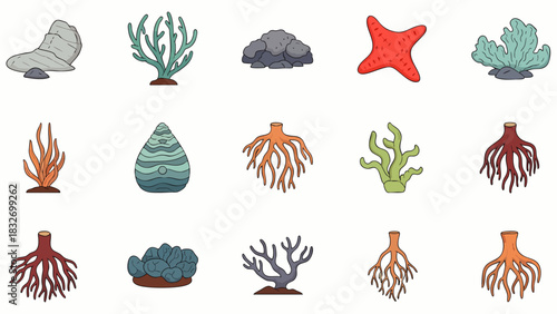 A vibrant vector illustration showcasing a diverse collection of colorful underwater elements like corals, unique rocks, starfish, and various aquatic plants.