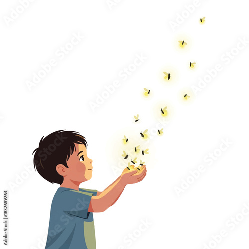 Illustration of a young boy releasing fireflies into the air with a joyful expression on a plain white background.