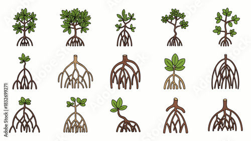 A comprehensive collection of stylized mangrove tree illustrations, showcasing diverse root systems and growth stages essential for coastal ecosystems.
