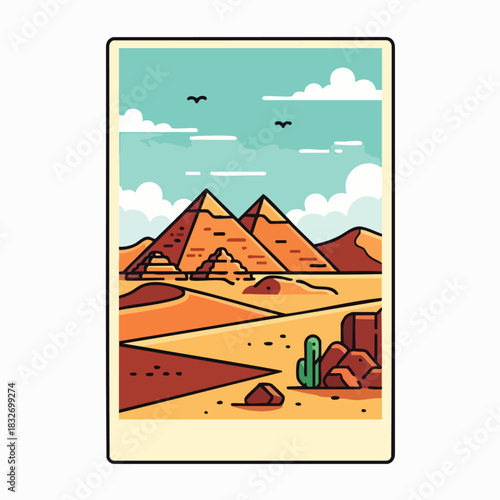 This charming vector illustration showcases the iconic ancient pyramids of Egypt majestically rising from the golden desert sands beneath a serene sky.
