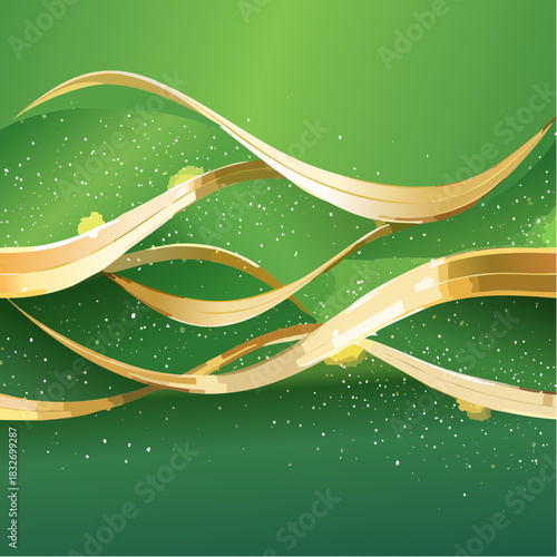 Abstract green background with golden wavy lines and subtle sparkling effects, elegant design.
