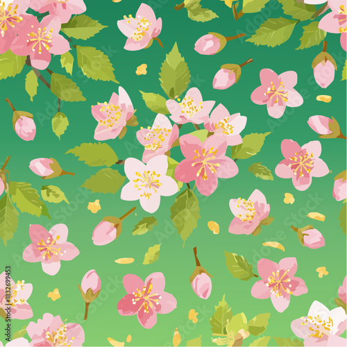 Elegant seamless spring floral pattern featuring delicate pink cherry blossoms, fresh green leaves, and unopened buds on a vibrant gradient background, ideal for decorative designs and textiles