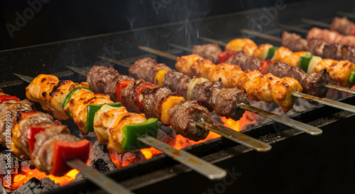Wallpaper Mural Sizzling Meat and Vegetable Kebabs on Barbecue Grill with Glowing Coals and Smoke Torontodigital.ca