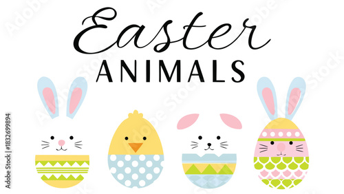 Cute easter animals as decorated eggs with bunny ears and chick featuring playful patterns perfect for spring holiday celebrations and children s designs