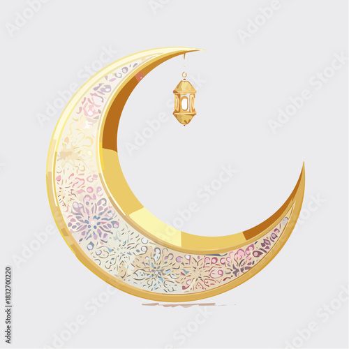 Golden Crescent Moon with Lantern A Symbol of Islamic Celebration and Cultural Significance