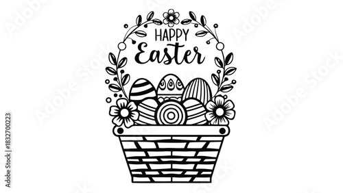 Happy easter greeting with a decorative basket filled with patterned eggs and floral elements perfect for spring celebrations and holiday designs