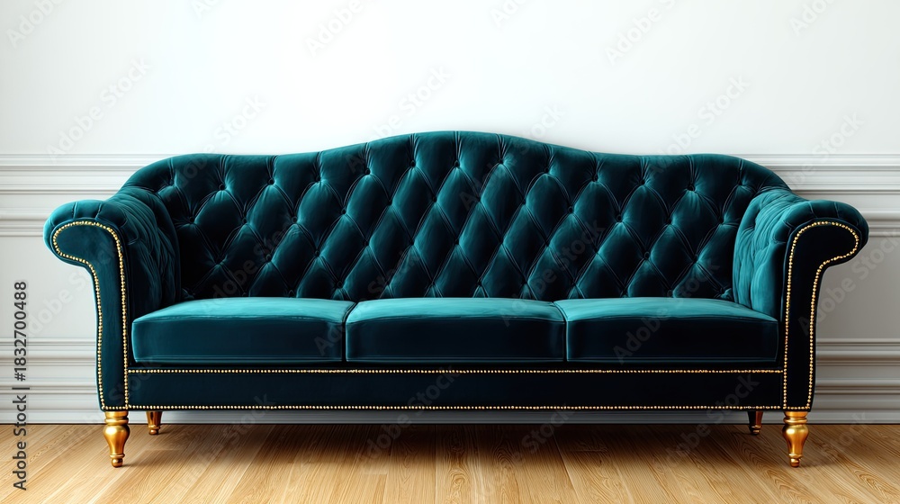 Naklejka premium Luxurious teal velvet sofa features diamond tufting and ornate gold accents against a light background