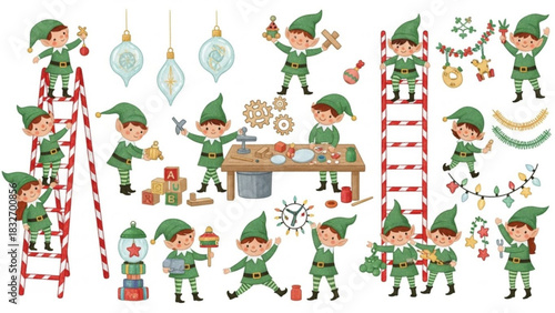 Festive Christmas elves joyfully preparing toys and decorations for the holiday season, spreading cheer and anticipation for a magical celebration