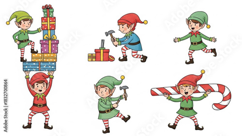 Festive holiday joy with playful Christmas elves building toys and carrying gifts, perfect for holiday season marketing, originally a scalable vector graphic
