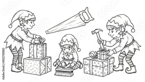 Holiday magic unfolds as Santa's elves craft gifts with joy, a heartwarming scene of Christmas cheer and festive preparation in their workshop