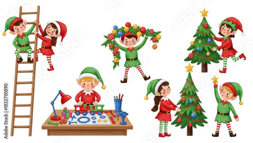 Charming Christmas Elves Preparing Holiday Decorations and Toys, Spreading Festive Cheer and Joyful Holiday Spirit, Perfect for Seasonal Projects