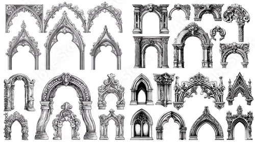 Intricate gothic architectural arch illustrations with ornate stone details and historic sculptural elements. Ideal for vintage design themes, heritage concepts and classical art projects.