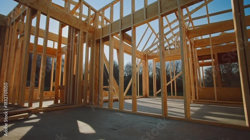 Sunny Interior View of a Newly Framed Residential Wood House Structure