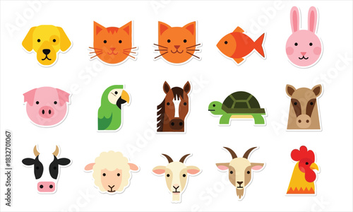 Diverse Collection of Adorable Cartoon Animal Heads and Faces in Flat Design Style Vector Illustration Set for Kids, Pets, and Farm Themes