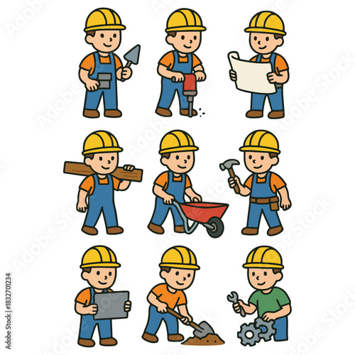 cartoon kids with different professions construction men kids