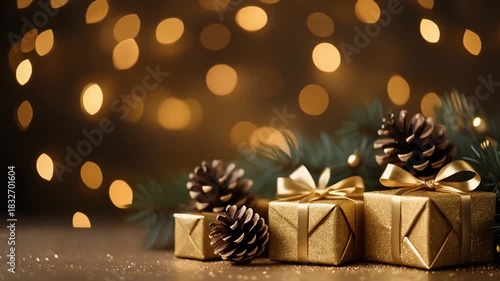 Golden Christmas gifts with pine cones and fir branches sparkle under bokeh lights, perfect for holiday promotions and festive greetings.