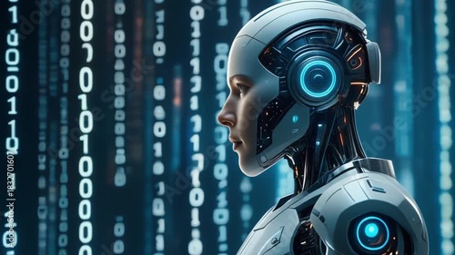 Advanced robot head with glowing blue eye detail and binary code background symbolizing artificial intelligence and future technology for sci fi applications