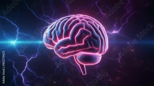 Neural network of a human brain glowing with electric energy and connected to a digital network for abstract science and technology concepts