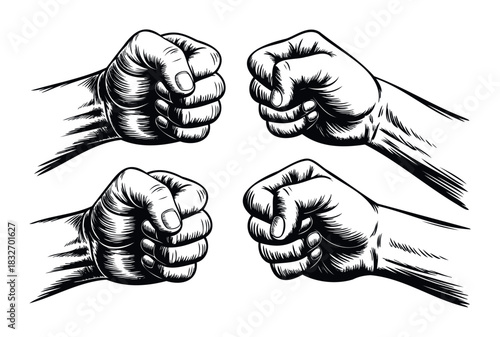 Four fists clenched tightly in a strong, determined gesture, representing power, unity, and struggle, perfect for motivational or conflictthemed projects.