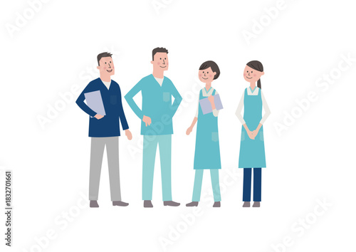 介護スタッフが情報共有しながら連携するチームミーティングのイラスト