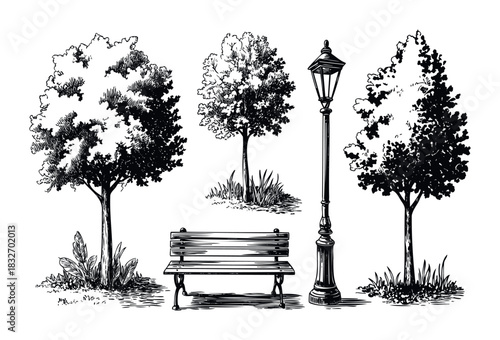 Vintage park scene with a bench, lamppost, and trees in a sketchy, handdrawn style, perfect for use in graphic projects and naturethemed compositions.