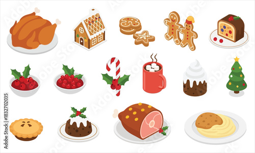 A delightful assortment of traditional holiday meals, festive desserts, and sweet treats perfect for Christmas celebrations; an illustrative collection of seasonal food items