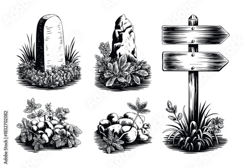 Collection of engraved natural elements including a tombstone, rocks, plants, and a wooden signpost for use in nature or historical themed projects